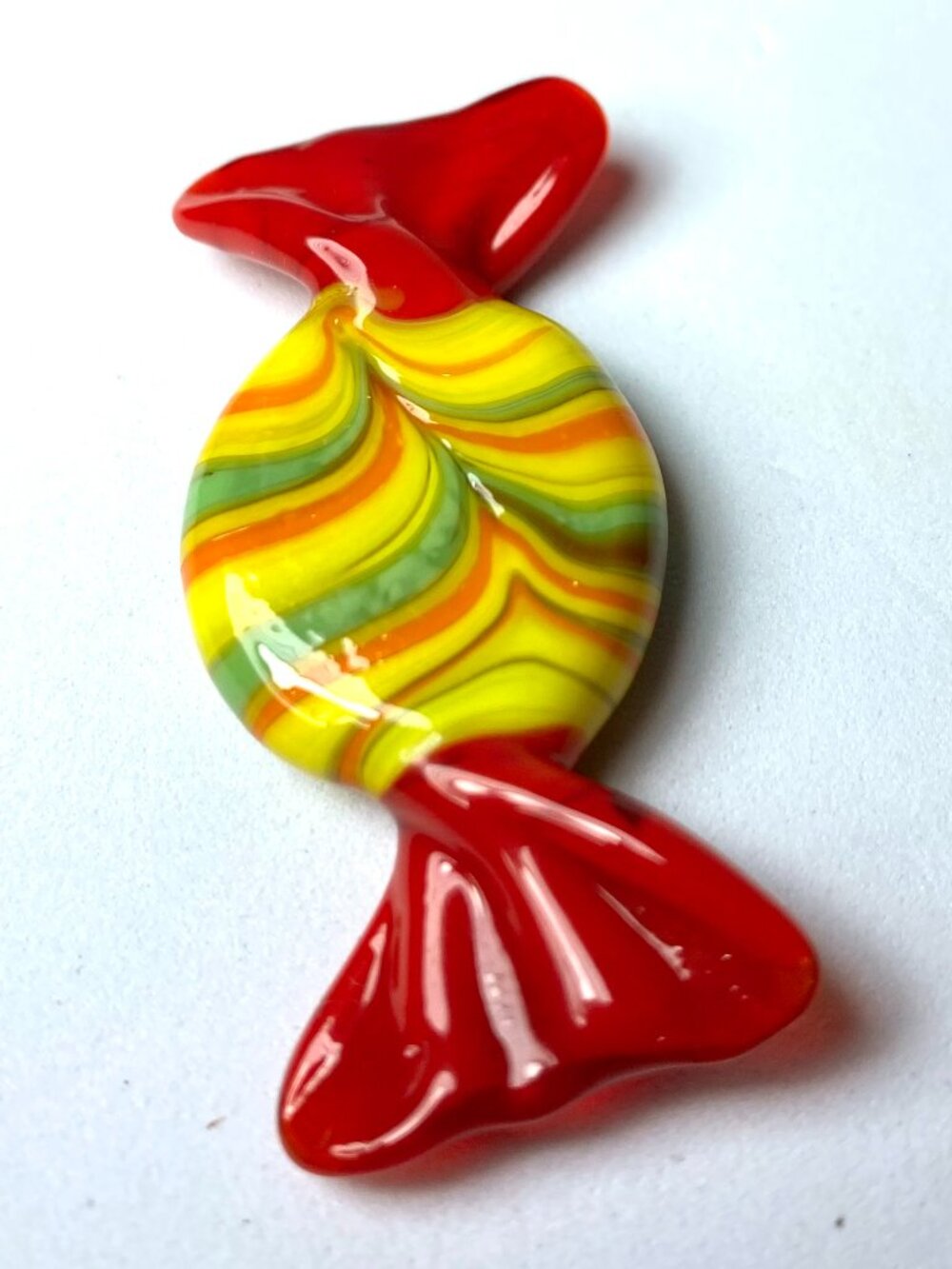 Murano Style Hand Blown Lampwork Glass Candy Red Yellow Green Swirl Figurine